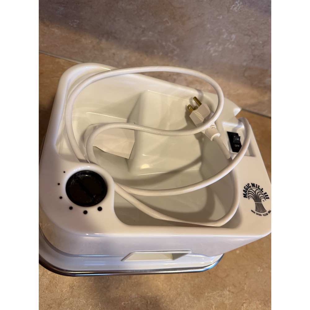 Magic Mill III High Speed Flour Mill Model 100 Electric Grain Grinder White